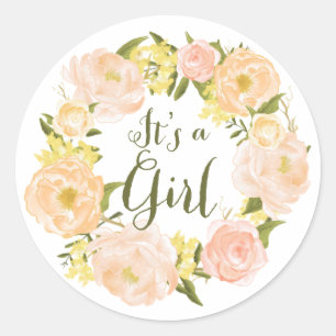 Sticker Rond Couronne de pivoines aquarelle pêche Baby Shower