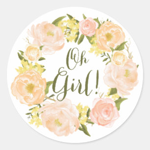 Sticker Rond Couronne de pivoines orange aquarelle Baby Shower