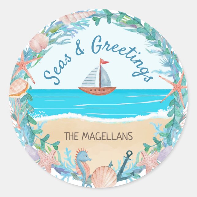 Sticker Rond Couronne de plage nautique Mers & Salutations (Devant)