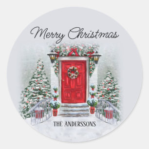 Sticker Rond Couronne de porte rouge vintage Merry Christmas