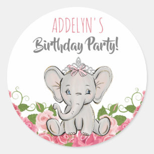 Sticker Rond Couronne de princesse éléphant fleurs roses annive