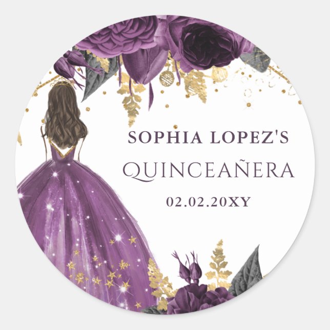 Sticker Rond Couronne de Princesse Quinceanera Florale Or Viole (Devant)
