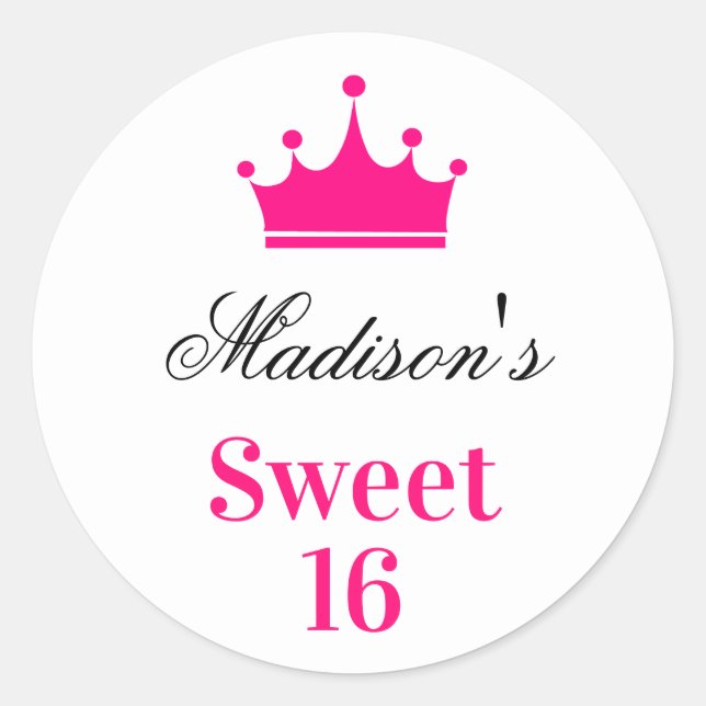 Sticker Rond Couronne de princesse rose chaud Sweet 16 nom fémi (Devant)