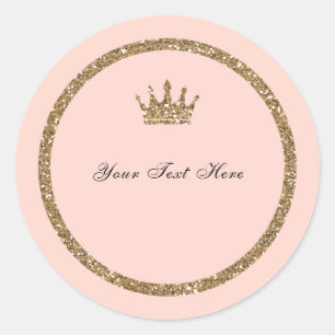 Sticker Rond Couronne de princesse rose pailletée or scintillan