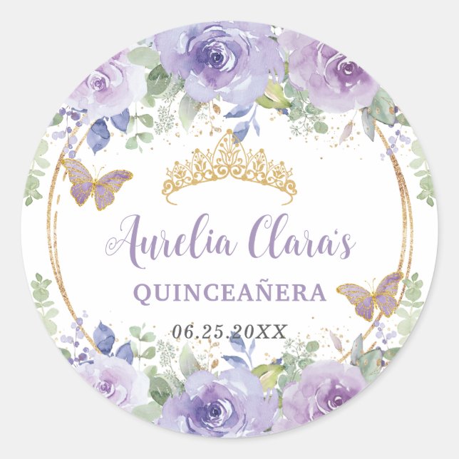 Sticker Rond Couronne de Quinceañera de lilas pourpre avec papi (Devant)