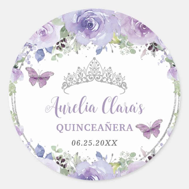 Sticker Rond Couronne de Quinceañera Fleur de Lilas Violet avec (Devant)
