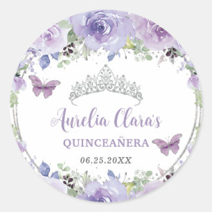 Sticker Rond Couronne de Quinceañera florale de lilas violet av