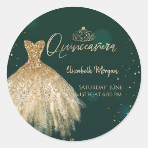 Sticker Rond Couronne de robe dorée chic, Diamants Quinceañera