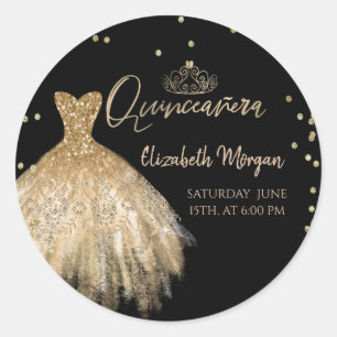 Sticker Rond Couronne de robe dorée chic, diamants Quinceañera