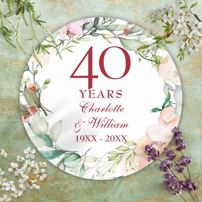 Sticker Rond Couronne de roses 40e anniversaire de mariage Rubi (Roses Garland 40th Ruby Wedding Anniversary Classic Round Sticker)