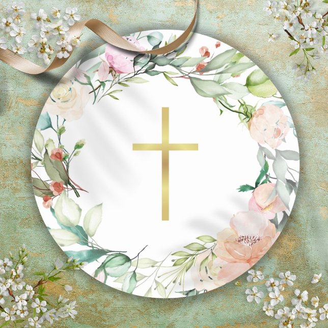 Sticker Rond Couronne de roses boisées de croix en or simple (Simple Gold Cross Woodland Rose Garland Classic Round Sticker)