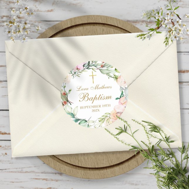 Sticker Rond Couronne de roses des bois baptême christening (Woodland Rose Garland Baptism Christening Classic Round Sticker)