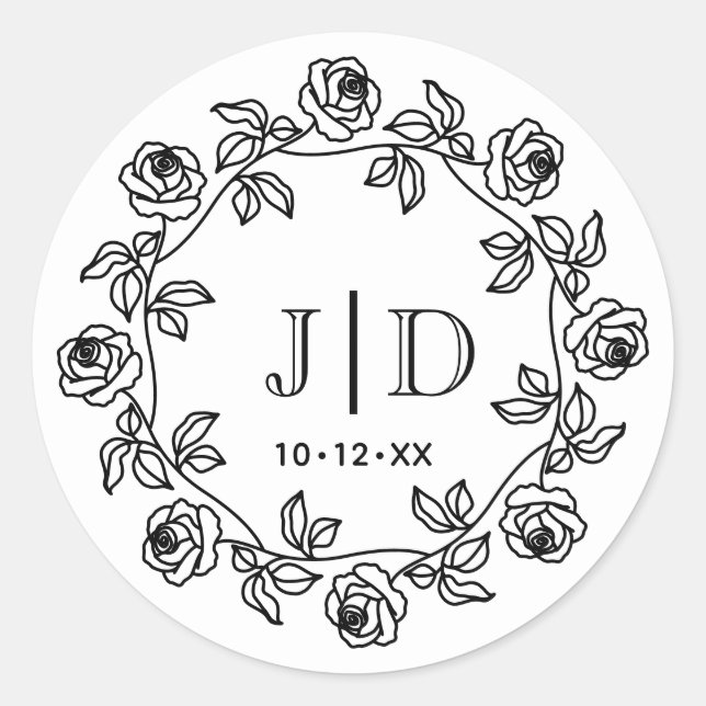 Sticker Rond Couronne de Roses Deux Initiales Monogramme de Mar (Devant)