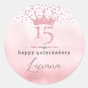 Sticker Rond Couronne de strass rose glamour pour Quinceañera A
