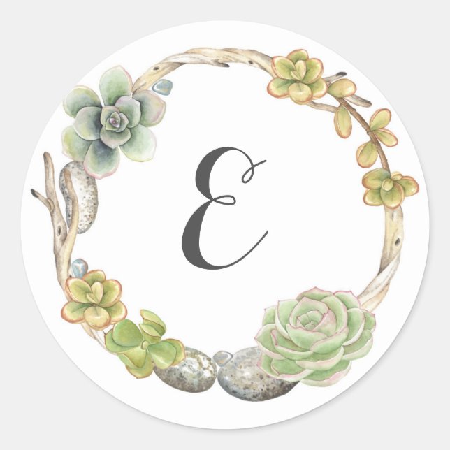 Sticker Rond Couronne de succulents, de brindilles et de pierre (Devant)