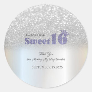 Sticker Rond Couronne de Sweet 16 à paillettes argentées