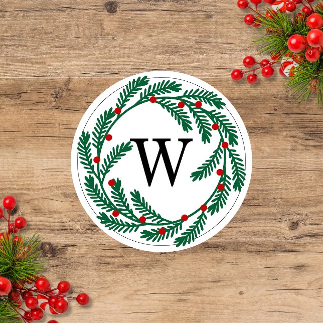 Sticker Rond Couronne de vacances avec baies Monogramme (Créateur téléchargé)