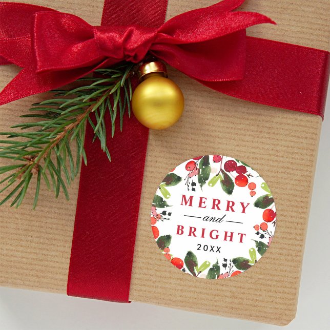Sticker Rond Couronne de verdure de Noël rouge joyeuse et lumin (Créateur téléchargé)
