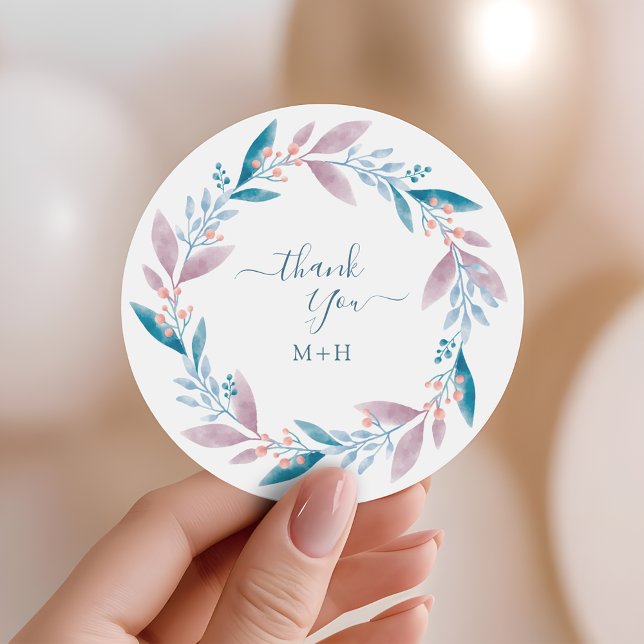 Sticker Rond Couronne de verdure pastel doux Mariage Merci (Créateur téléchargé)