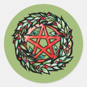 Sticker Rond Couronne de Yule Pentacle Païen Pentagramme Vacanc