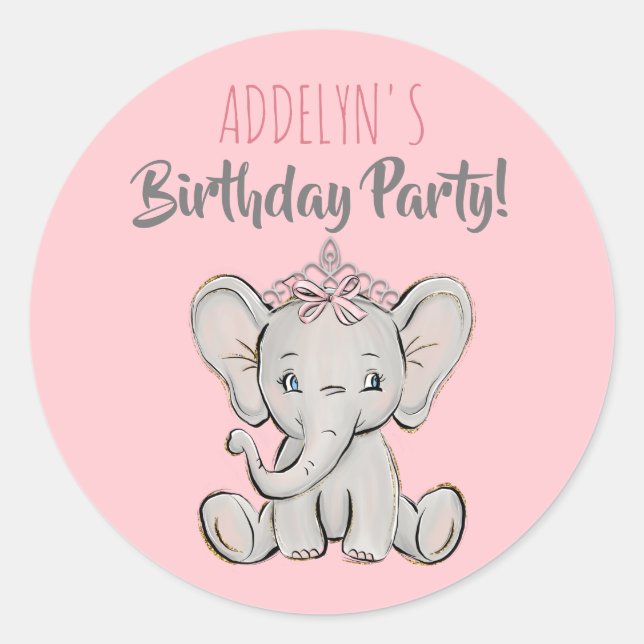 Sticker Rond Couronne d'éléphant de princesse rose pour anniver (Devant)