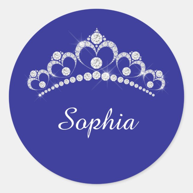 Sticker Rond Couronne diamant blanc, Nom du script, Bleu profon (Devant)