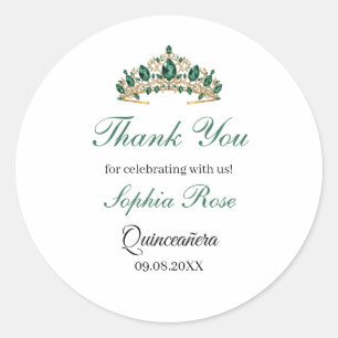 Sticker Rond Couronne d'or vert émeraude Quinceañera Autocollan