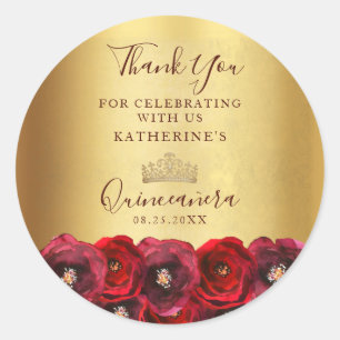 Sticker Rond Couronne dorée brillante à fleurs de rose rouge po