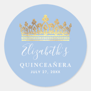 Sticker Rond Couronne élégante bleu clair doré pour Quinceañera
