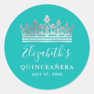 Sticker Rond Couronne Elégante Bleu Turquoise Argent pour Quinc