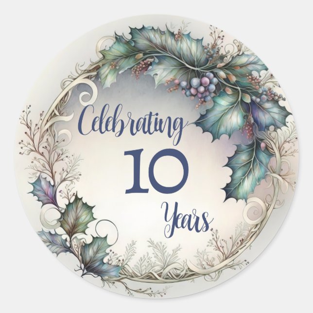 Sticker Rond Couronne élégante de verdure pour 10 ans d'anniver (Devant)