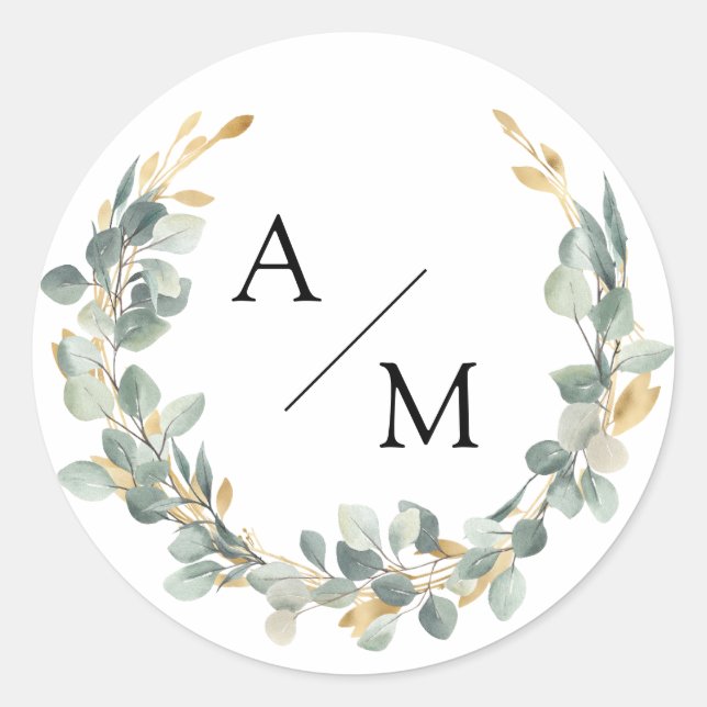 Sticker Rond Couronne élégante, monogramme, eucalyptus (Devant)
