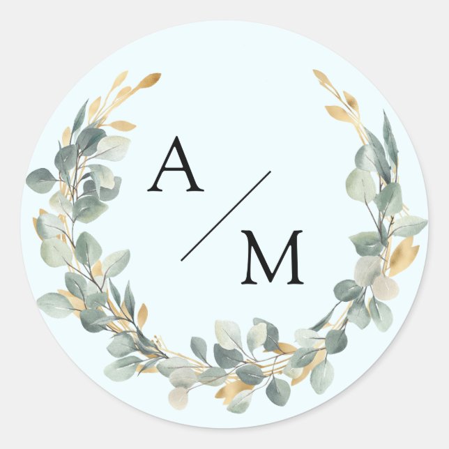 Sticker Rond Couronne élégante, monogramme, eucalyptus (Devant)