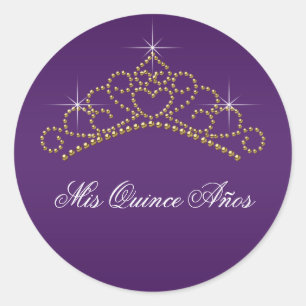 Sticker Rond Couronne en or violet Douce 15 16 Quinceana Étique
