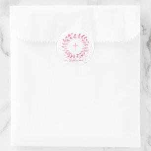 Sticker Rond Couronne et croix rose communion