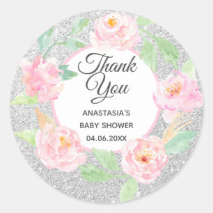 Sticker Rond Couronne florale argent et rose Merci Baby Shower
