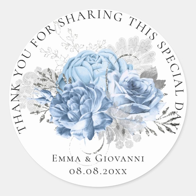 Sticker Rond Couronne florale blanche et bleue de remerciement  (Devant)