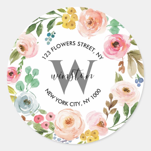 Sticker Rond Couronne florale Boho monogramme adresse de retour (Devant)