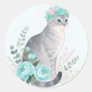 Sticker Rond Couronne Florale Chat Gris