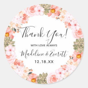 Sticker Rond Couronne florale chic pêche menthe Mariage Remerci