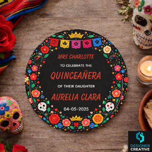 Sticker Rond Couronne florale de fête mexicaine noire en or pou