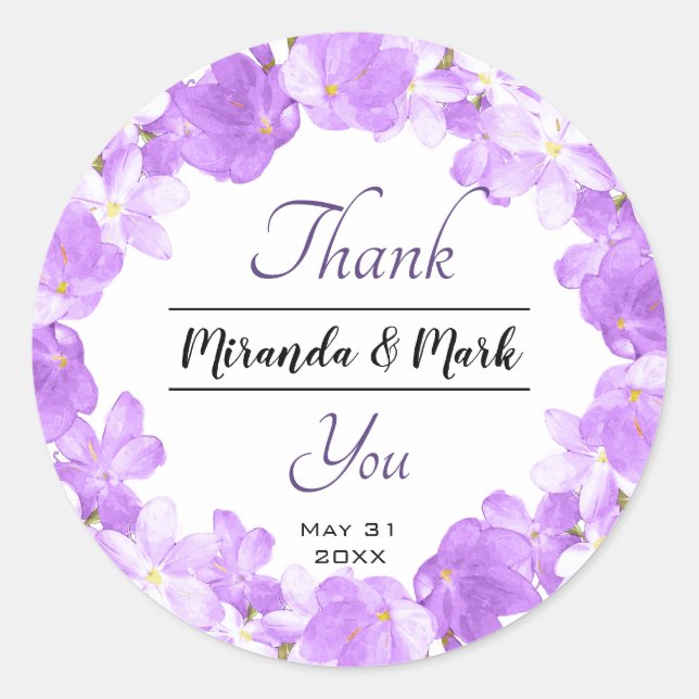 Sticker Rond Couronne florale de mariage violet aquarelle Merci (Devant)