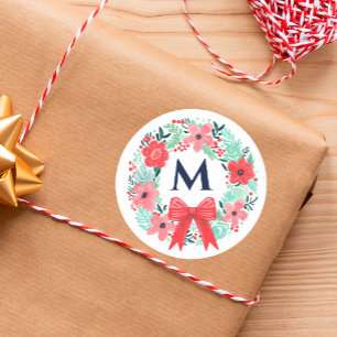 Sticker Rond Couronne florale de Noël avec monogramme et nœud r