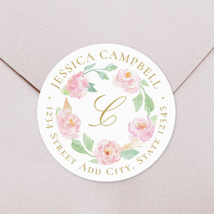Sticker Rond Couronne florale de pivoine en or rose avec adress