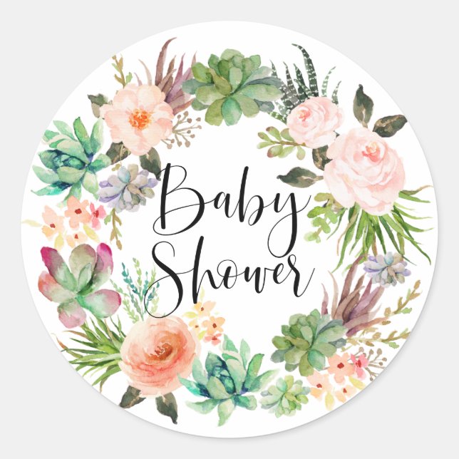 Sticker Rond Couronne florale de succulentes Boho pour Baby Sho (Devant)