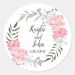 Sticker Rond Couronne florale délicate, pivoines roses