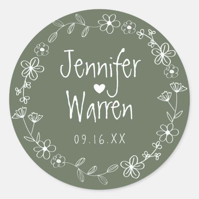 Sticker Rond Couronne florale dessinée à la main Mariage Vert (Devant)