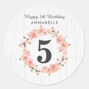 Sticker Rond Couronne florale en bois blanc et pêche Joyeux Ann