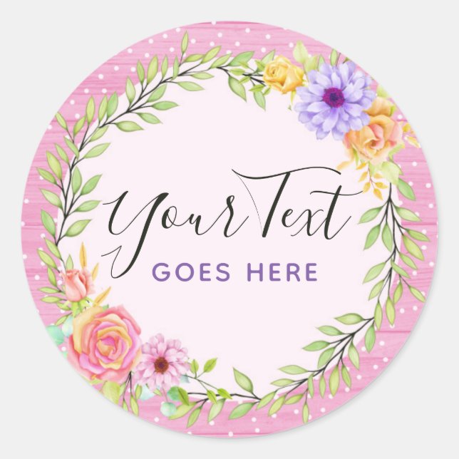 Sticker Rond Couronne florale fantaisiste et bois rose rustique (Devant)