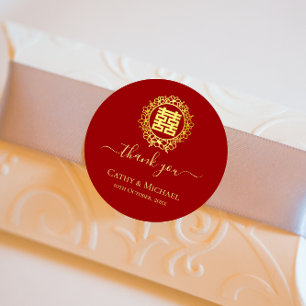 Sticker Rond Couronne florale merci mariage chinois rouge